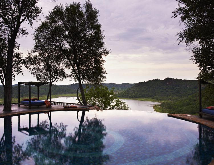 "digitale detox"-rhino-africa-travel-singita-pamushana-lodge-views-aerial-kenia-remote-places Ein Pool, dahinter ein Wald und ein Sonnenbett