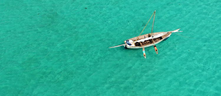 digitales-detox-rhino-africa-travel-vamizi-island-activities-boat-cruise-remote-places-mosambik im grünen Meehr ist ein kleine Boot