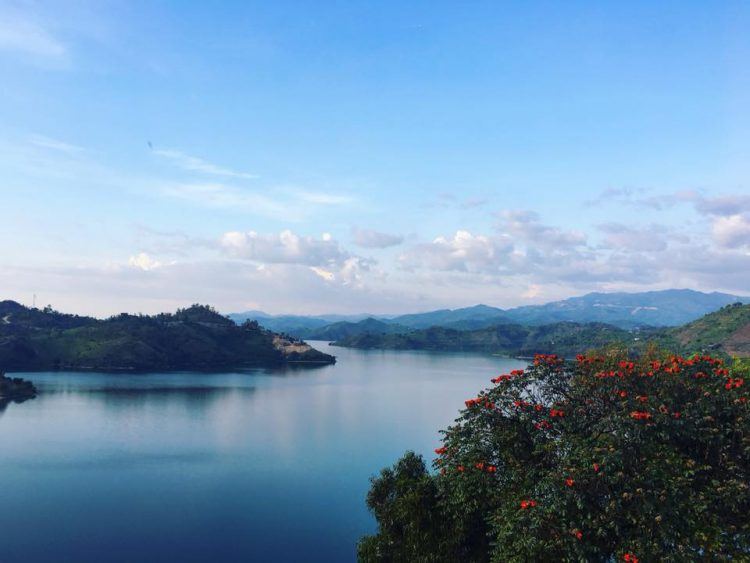 Lac Kivu à l'Est du Rwanda, ses colines verdoyantes et ses arbres colorés.