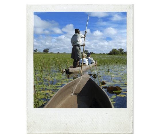 Delta do Okavango pode ser explorado a bordo de um mokoro, uma canoa tradicional da região