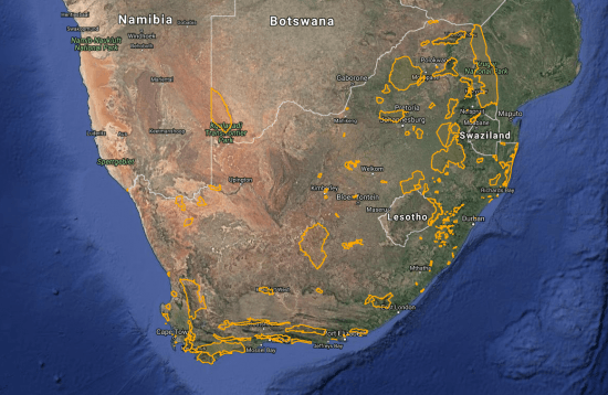 Áreas Importantes de Aves e Biodiversidade da África do Sul. Crédito: Birdlife South Africa