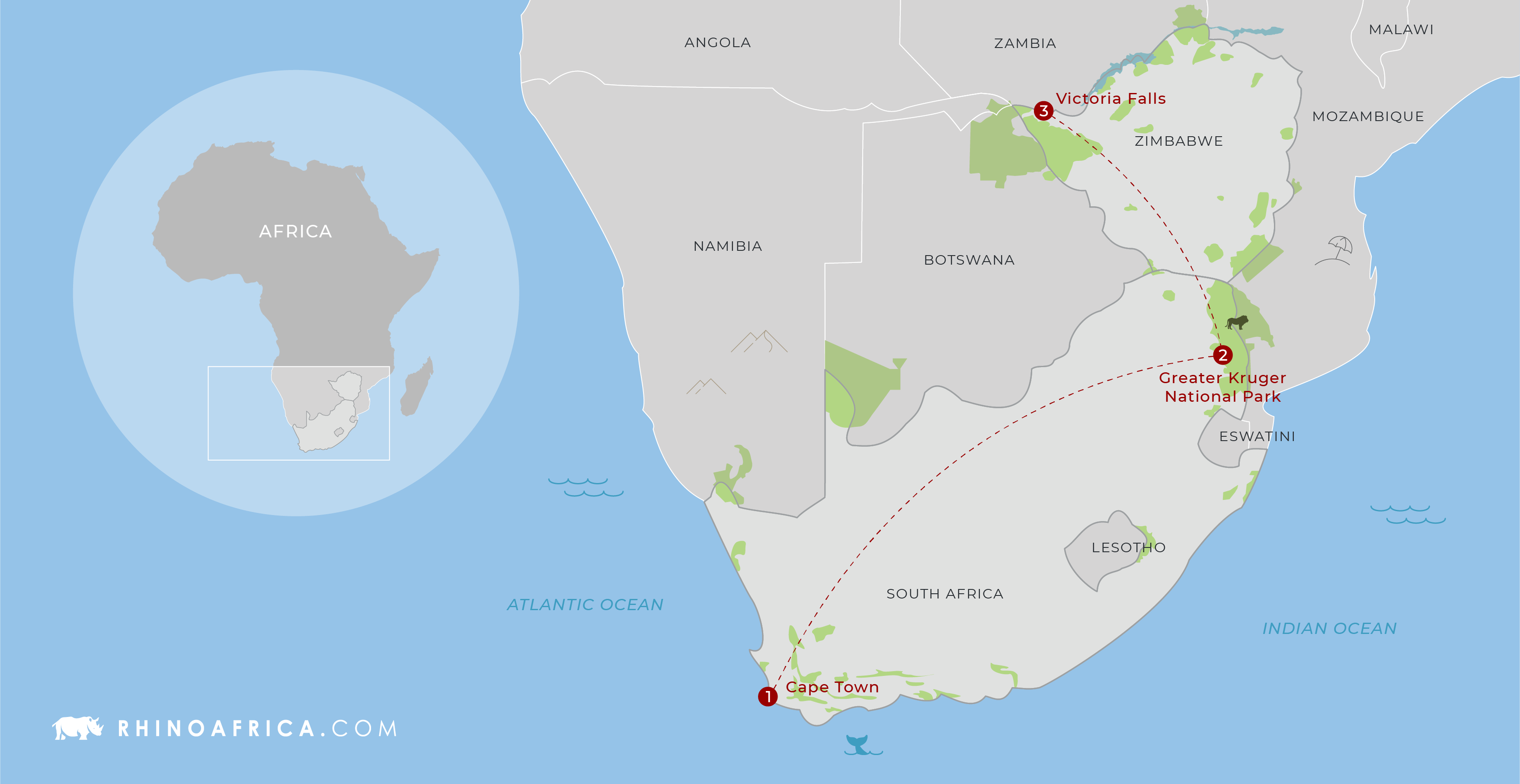 Cape Town, Kruger and Victoria Falls Map