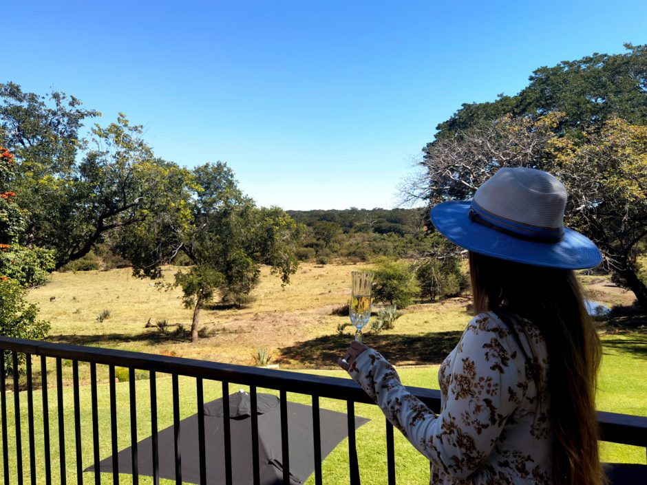 Ausblick vom Stanely & Livingstone Boutique Hotel auf Landschaft und Tiere