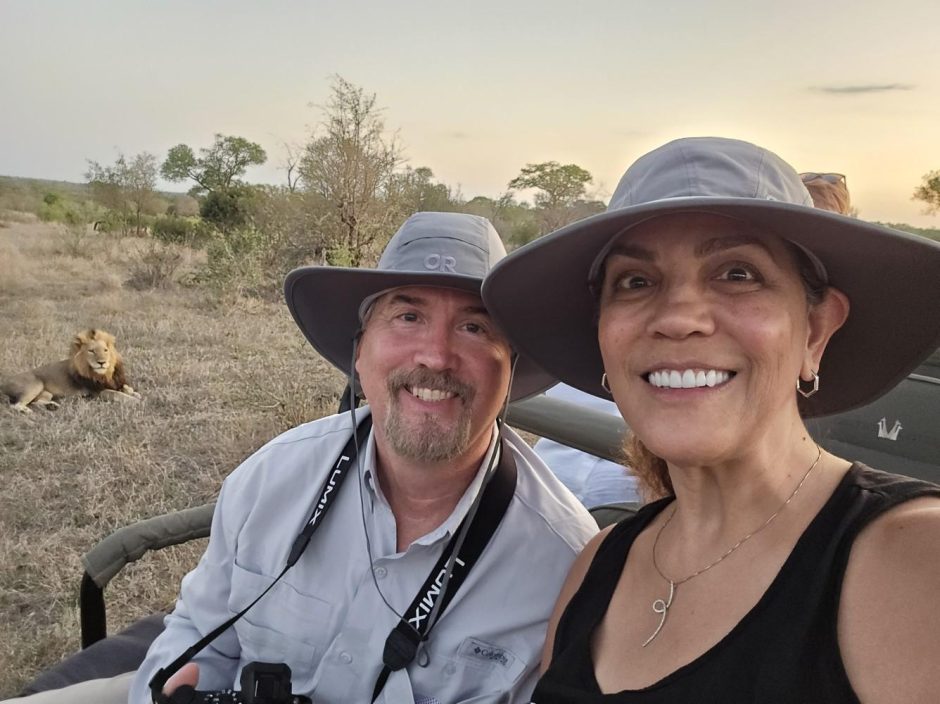 Steve and Suha Zehl, Rhino Africa guests, on safari