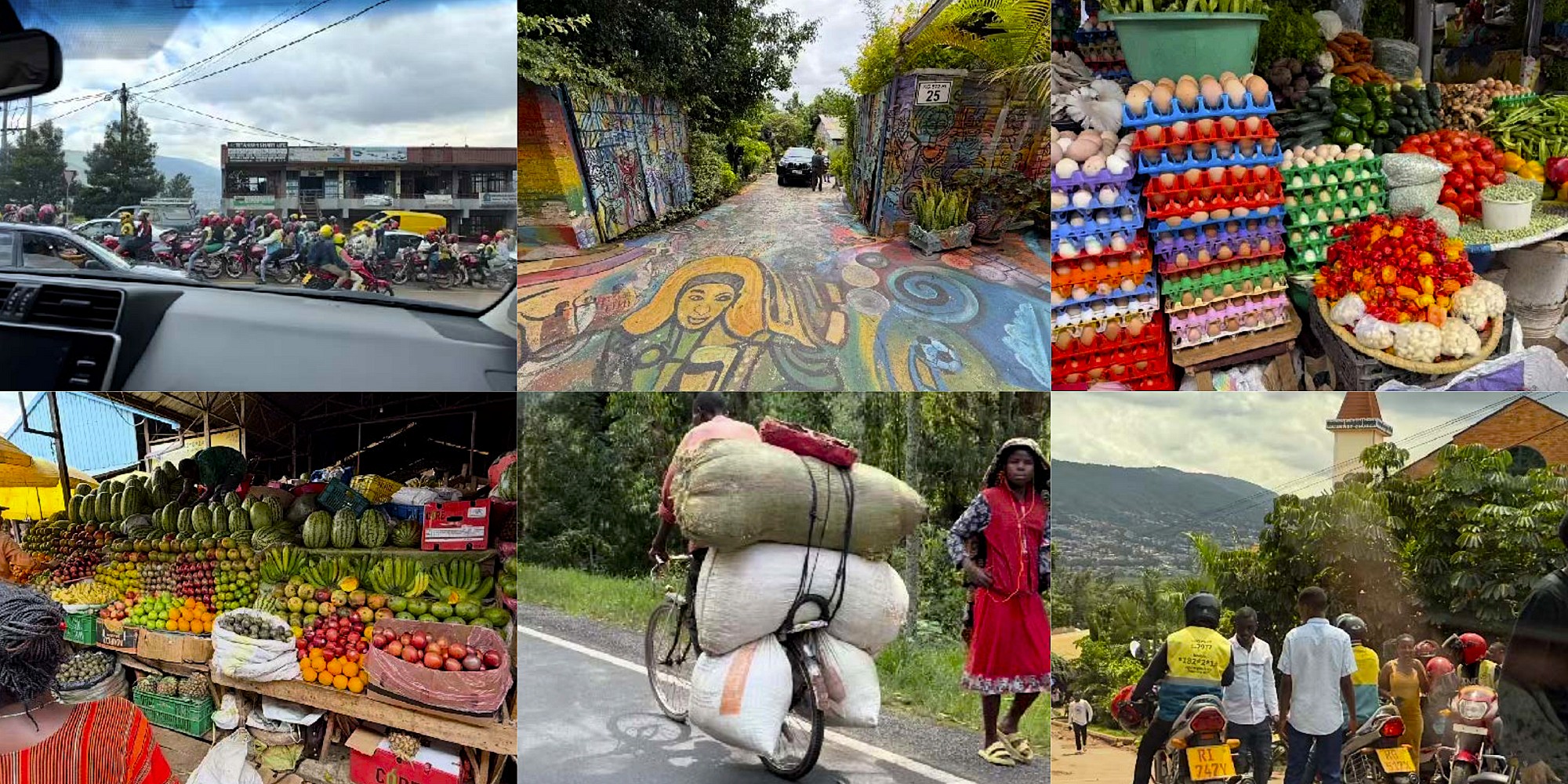 Jill-Leis-kigali-rwanda-2 A collage of scenes from Kigali, showing motorbike traffic, vibrant street art, colourful markets, and locals navigating daily life.