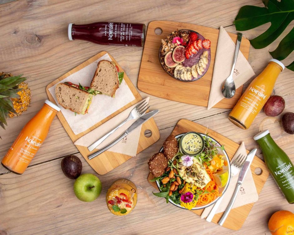 Delicious, colourful spread of various vegetarian and vegan dishes.