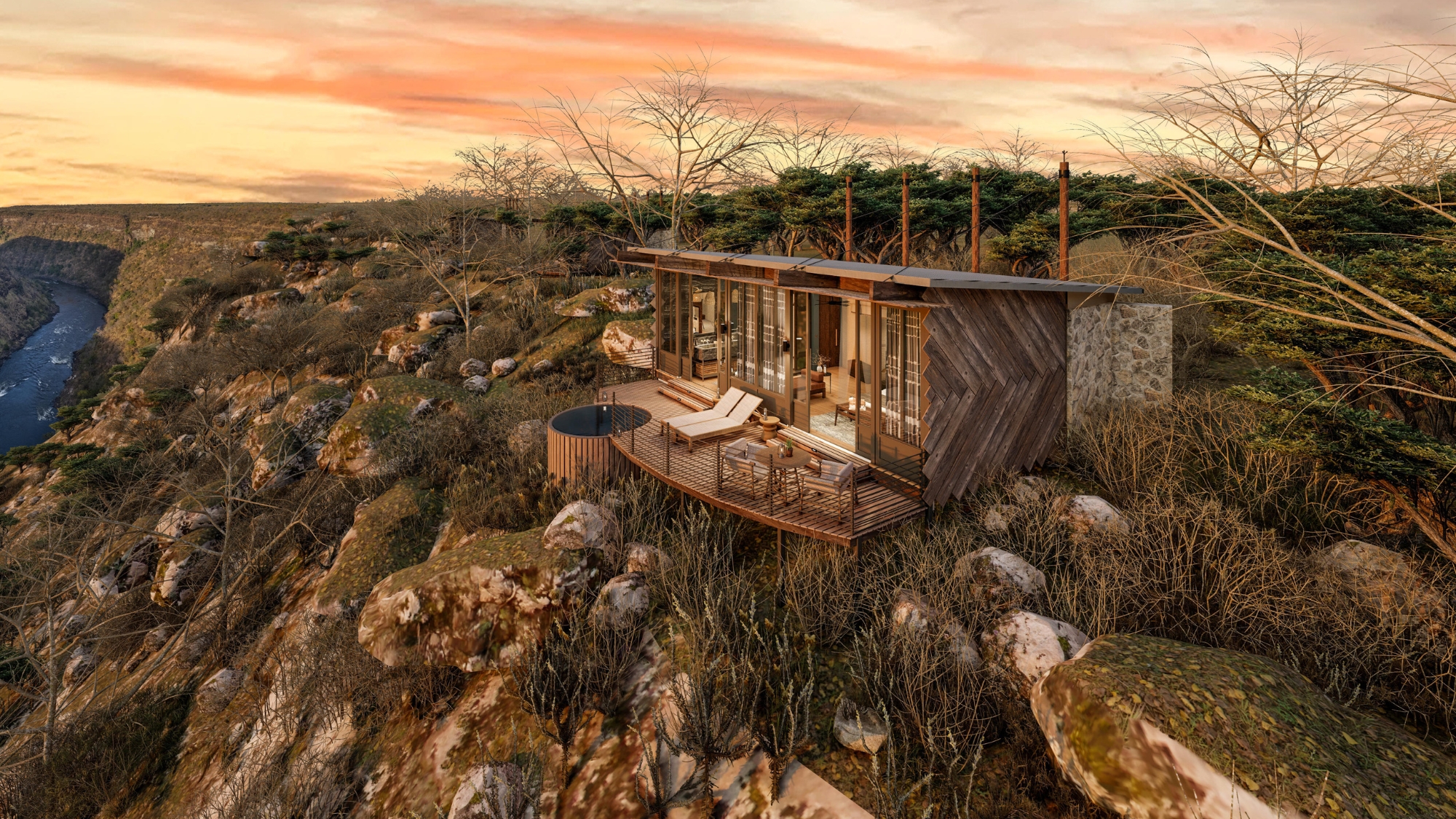 Bupenyu Lodge A cliffside suite with a deck, loungers, and a private hot tub perches above the Zambezi, capturing the drama surrounding the new luxury safari lodges 2026.