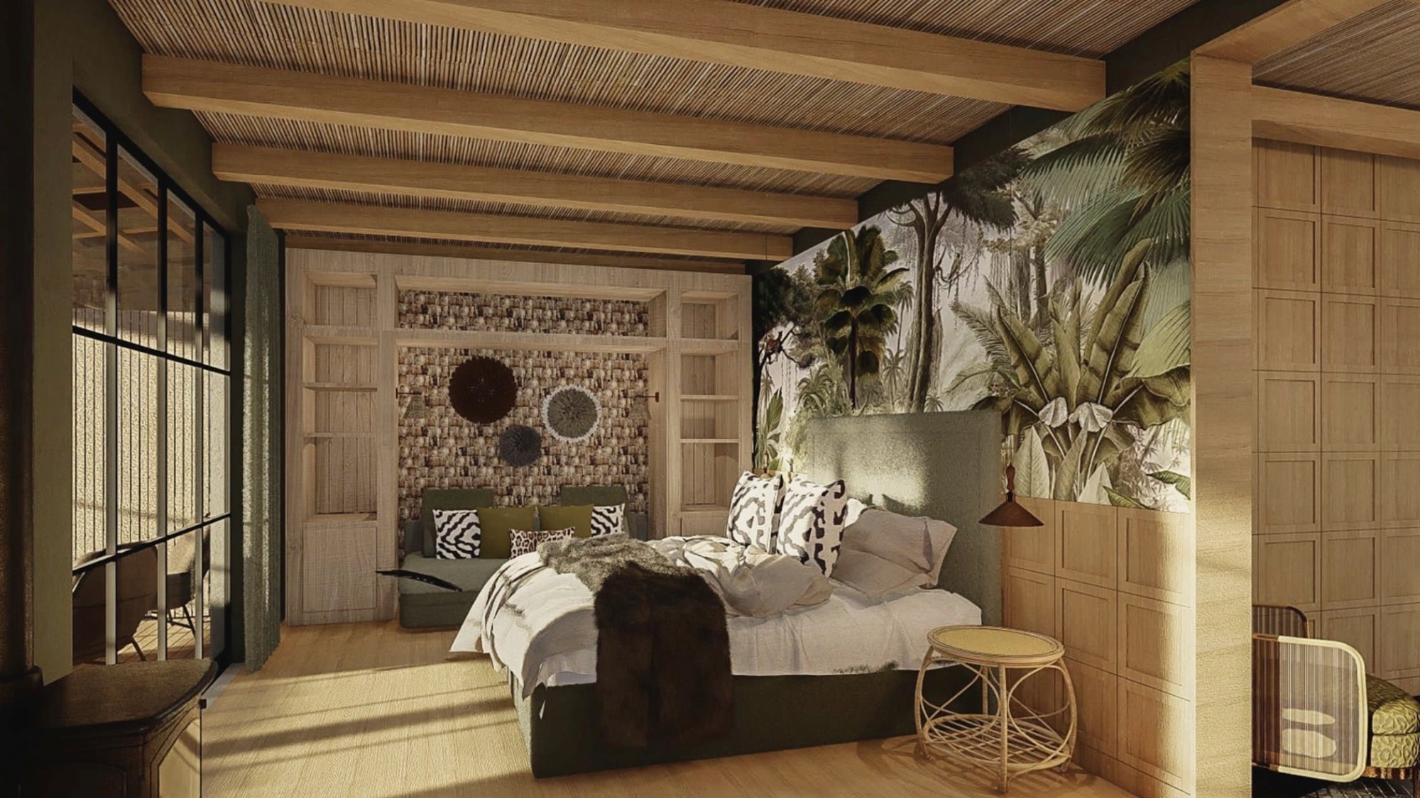 Laba-ngorongoro-bedroom A warm, nature-inspired bedroom features botanical wall art, soft layered textures, and timber details that echo the surrounding landscape.