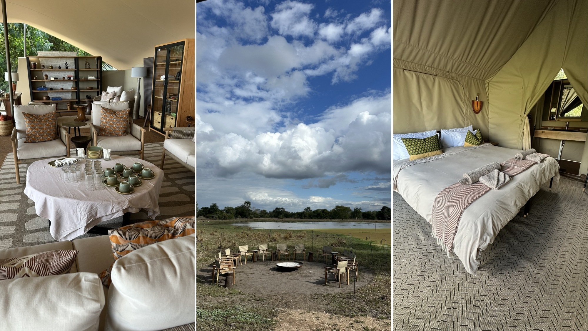 Gorongosa-safari-sam-Chicari-camp Chicari’s lounge, firepit, and tented bedroom sit open to big skies and wetlands during a Gorongosa safari.