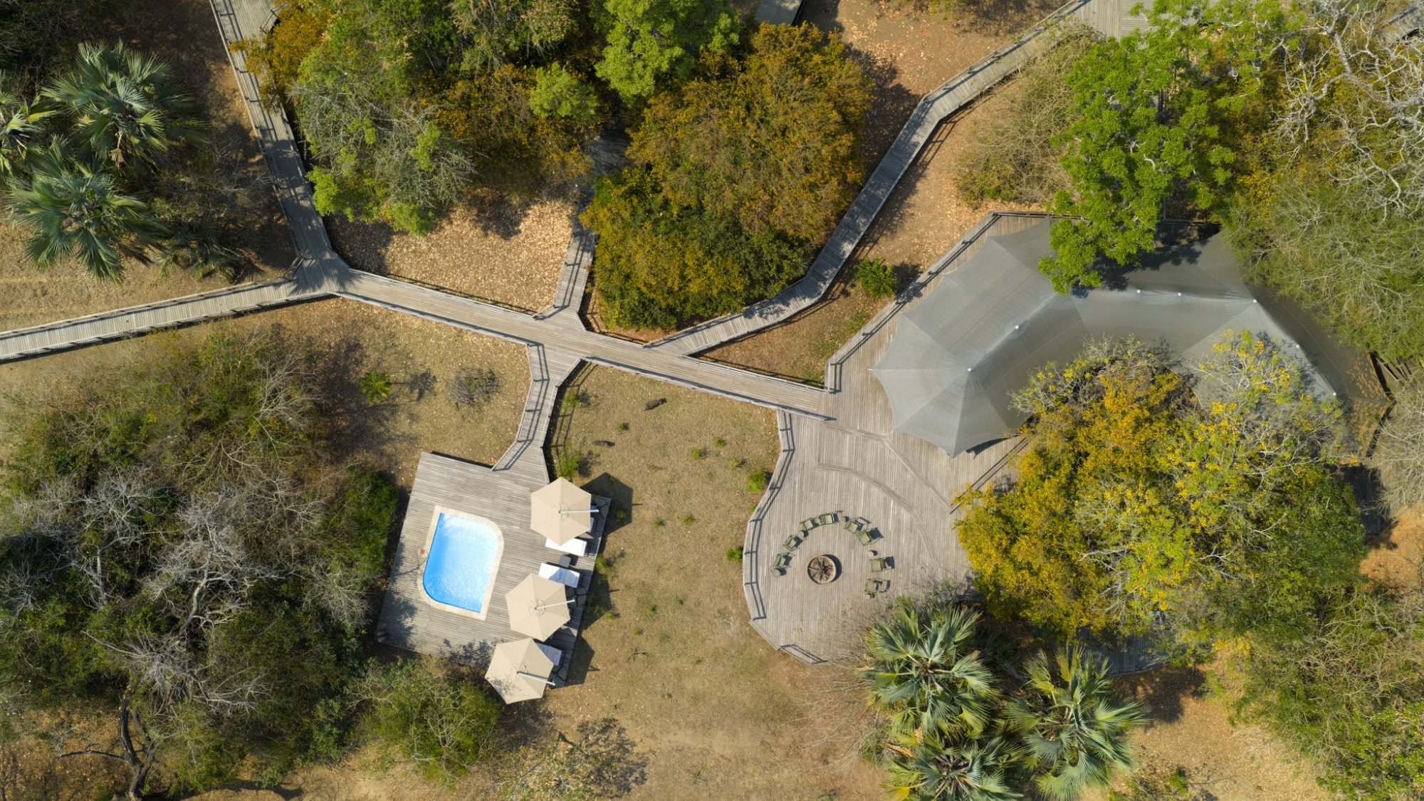 Sam-gorongosa-safari-Muzimu-Lodge An aerial view shows Muzimu Lodge’s walkways, pool deck, and shaded main area during a Gorongosa safari.