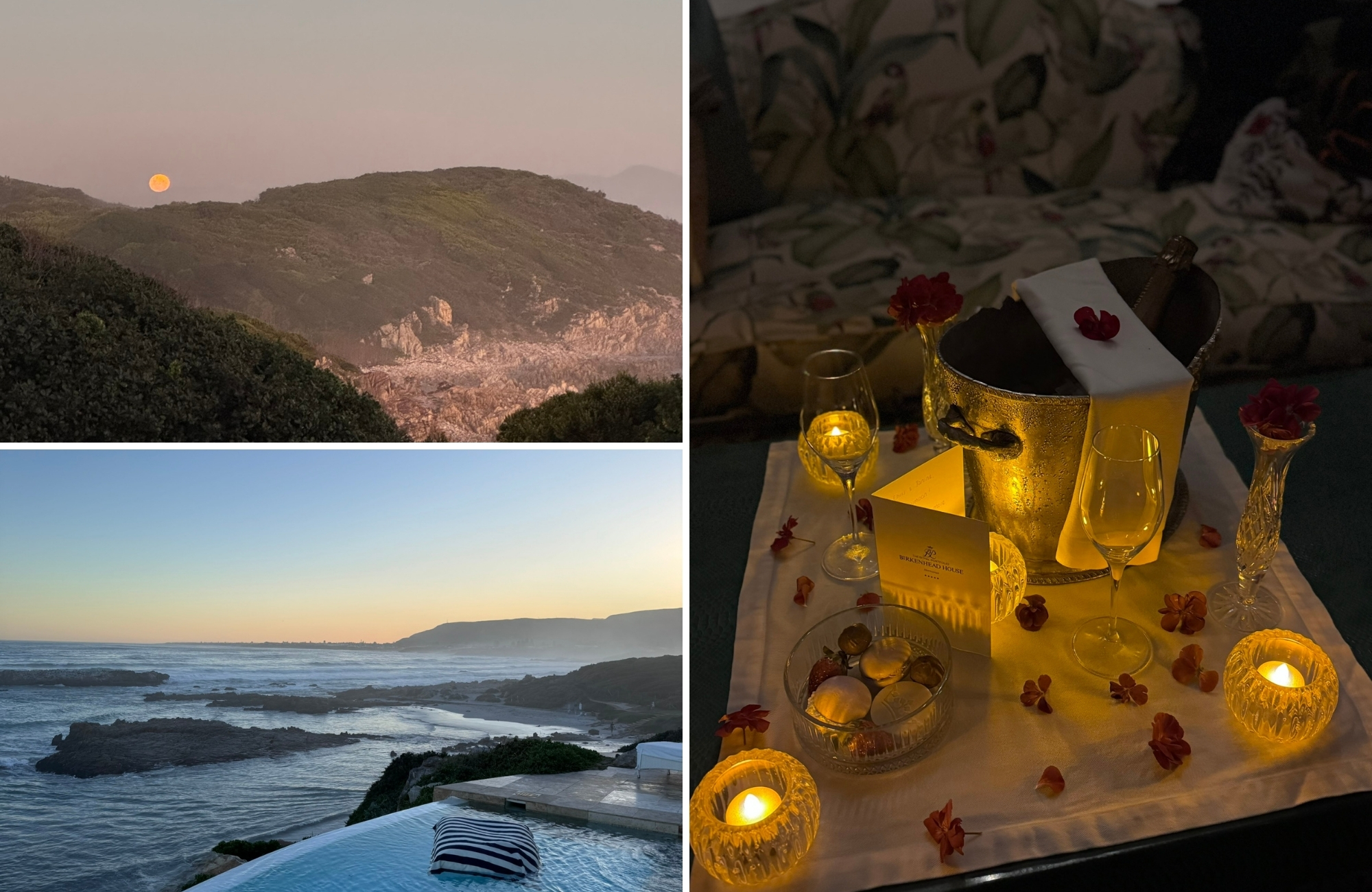 A collage captures moonrise over coastal hills, sweeping ocean views at dusk, and a candlelit champagne setup inside Birkenhead House, evoking the intimacy of a South African honeymoon.