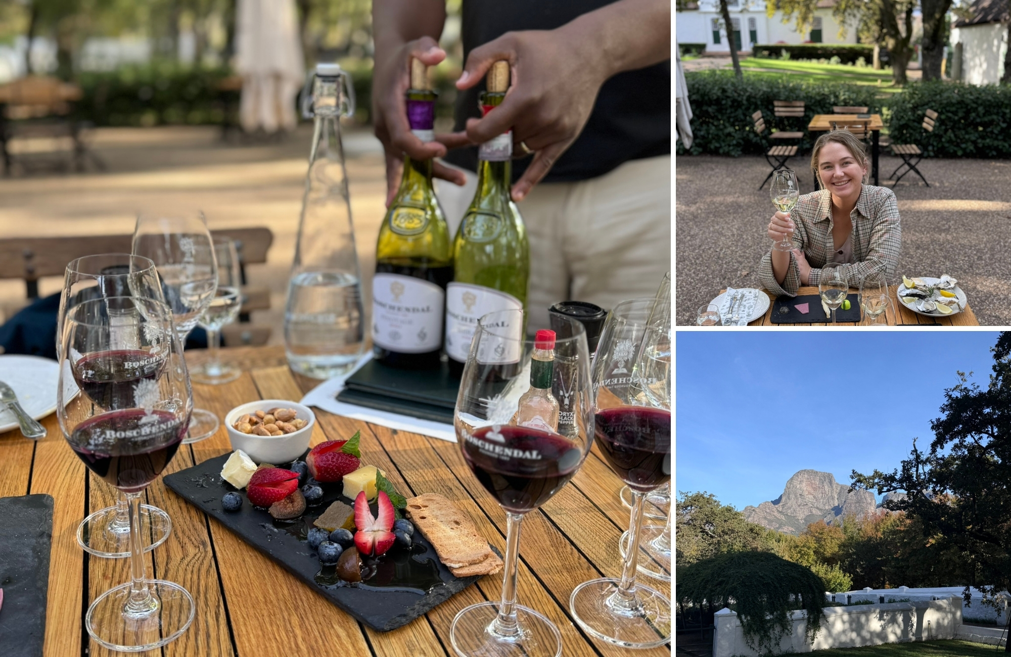 A collage shows a relaxed wine tasting with glasses, local bites, and vineyard views, paired with sunlit farm courtyards and mountain backdrops during a South African honeymoon.