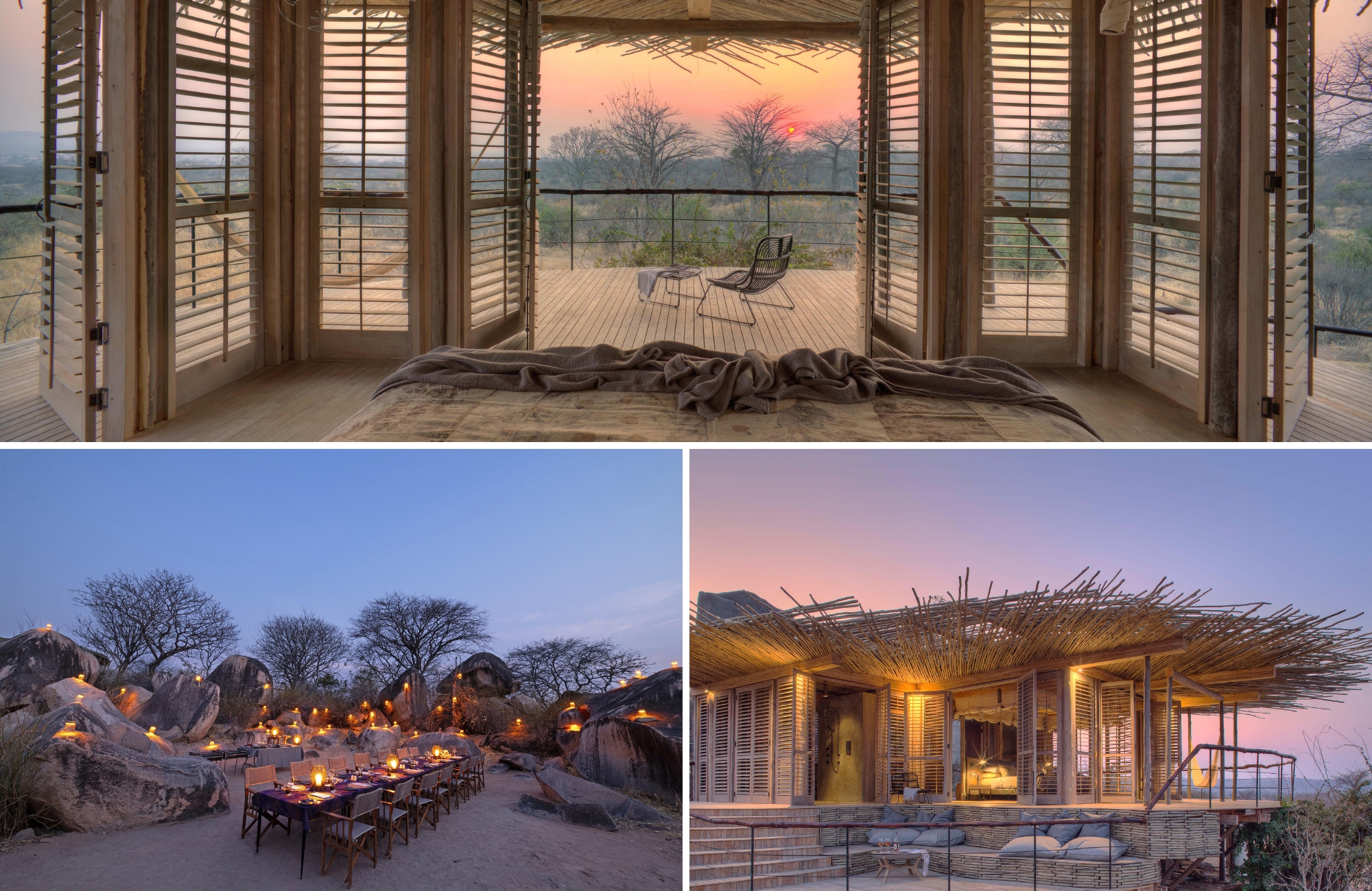A sun-drenched bedroom opens onto a wide wooden deck overlooking Ruaha’s rugged landscape, with lantern-lit dinners among granite boulders capturing the atmosphere of Luxury safari lodges in Tanzania.