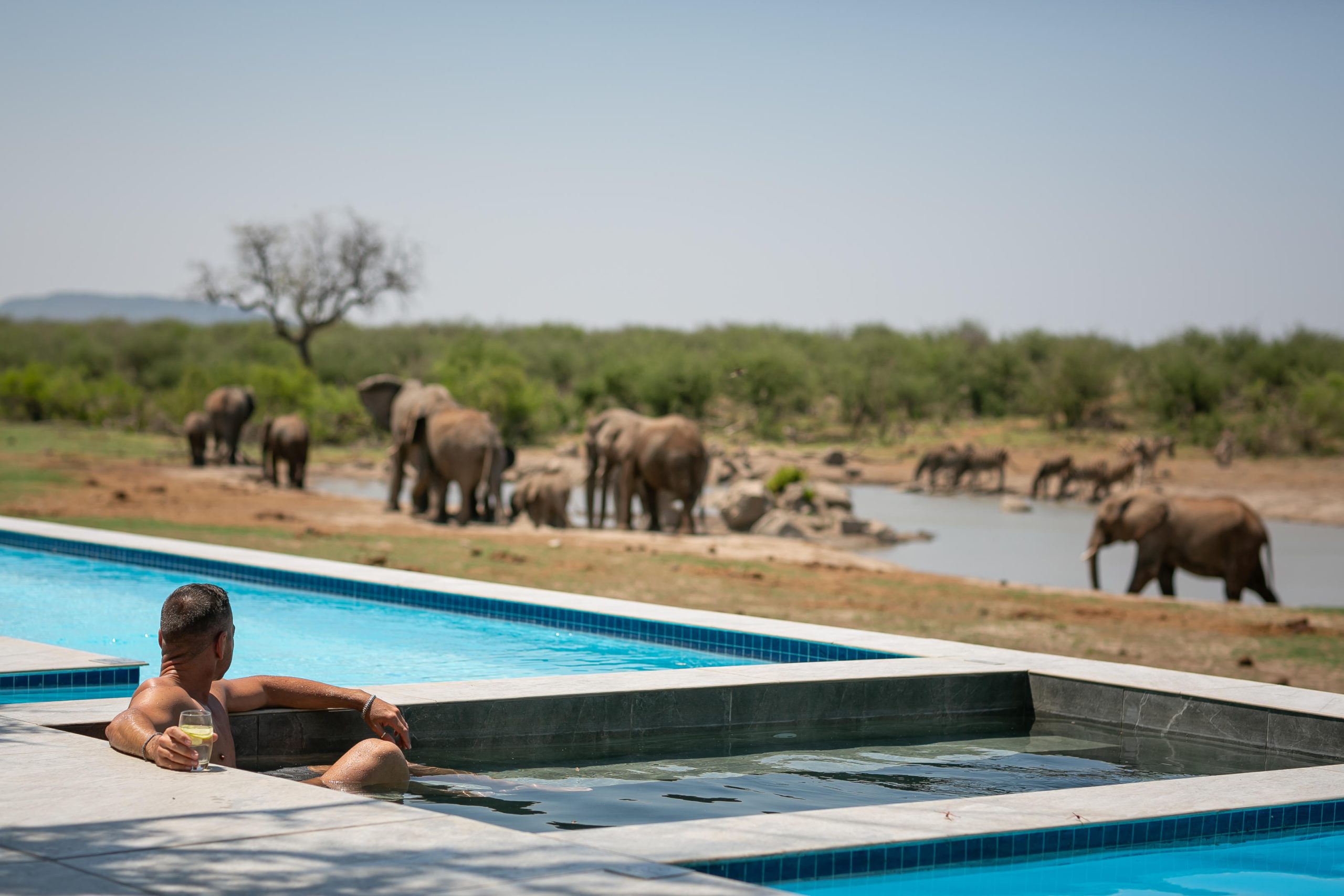 A guest relaxes in a hot tub with a drink in hand while elephants gather at a nearby waterhole, capturing the effortless proximity to wildlife found at lodges with the best waterholes.