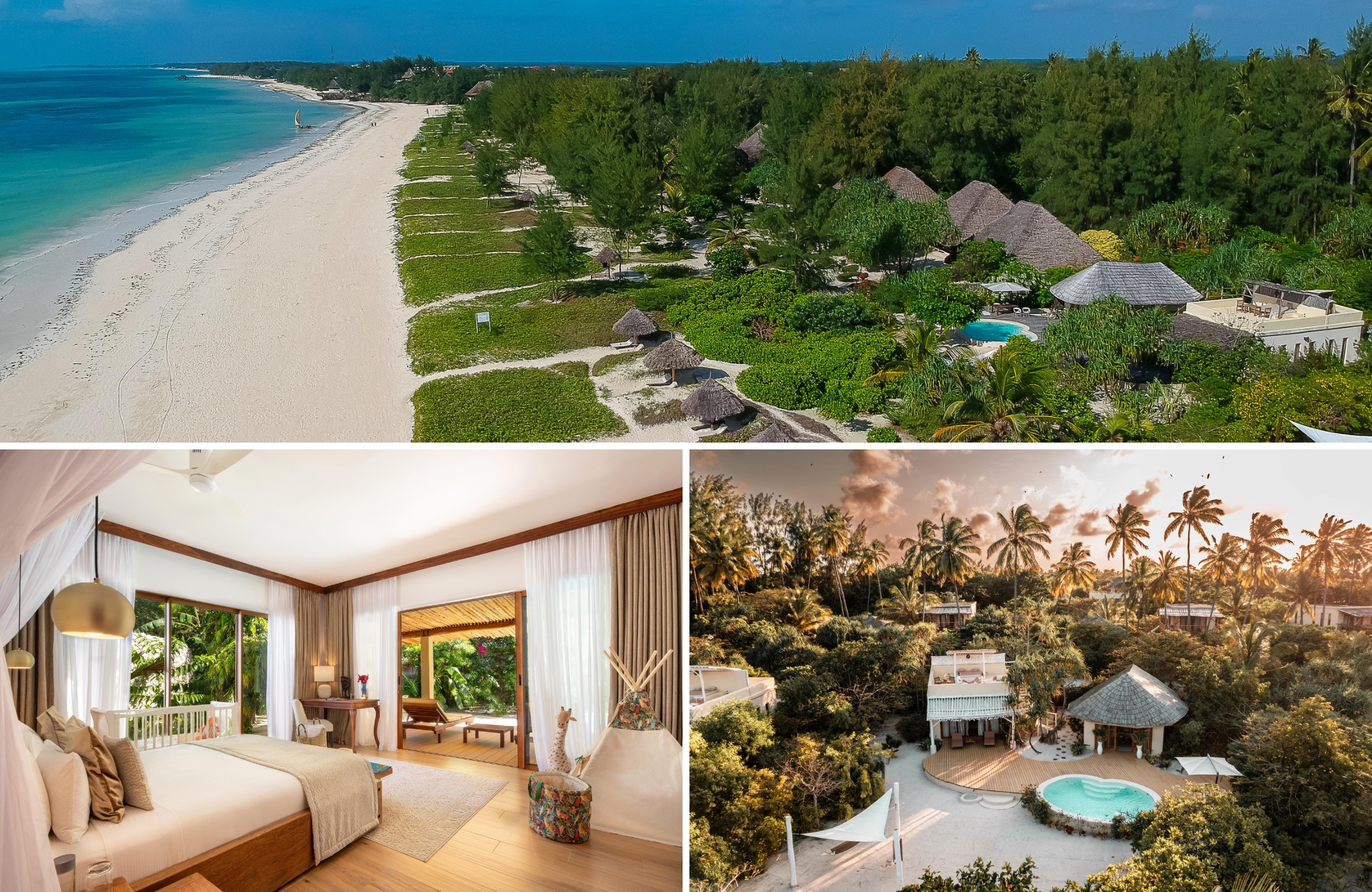 This aerial view of White Sand Luxury Villas & Spa shows private thatched villas and tropical gardens stretching along a quiet Indian Ocean shoreline, a coastal complement to the finest Luxury safari lodges in Tanzania.