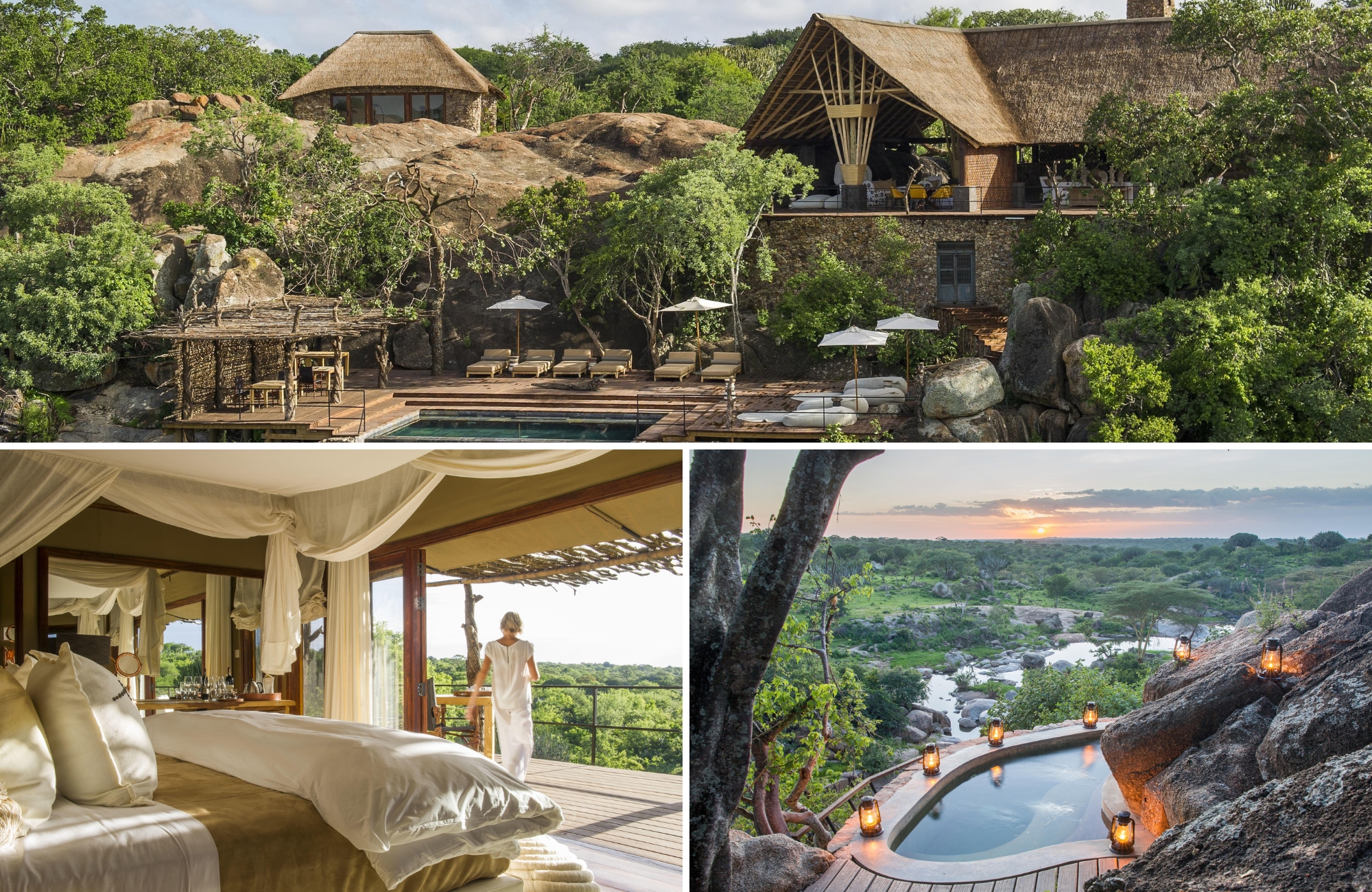 Stone-and-thatch suites, an infinity pool carved into granite, and lantern-lit plunge pools overlooking riverine bush capture the intimate wilderness setting of Luxury safari lodges in Tanzania’s southern Serengeti.