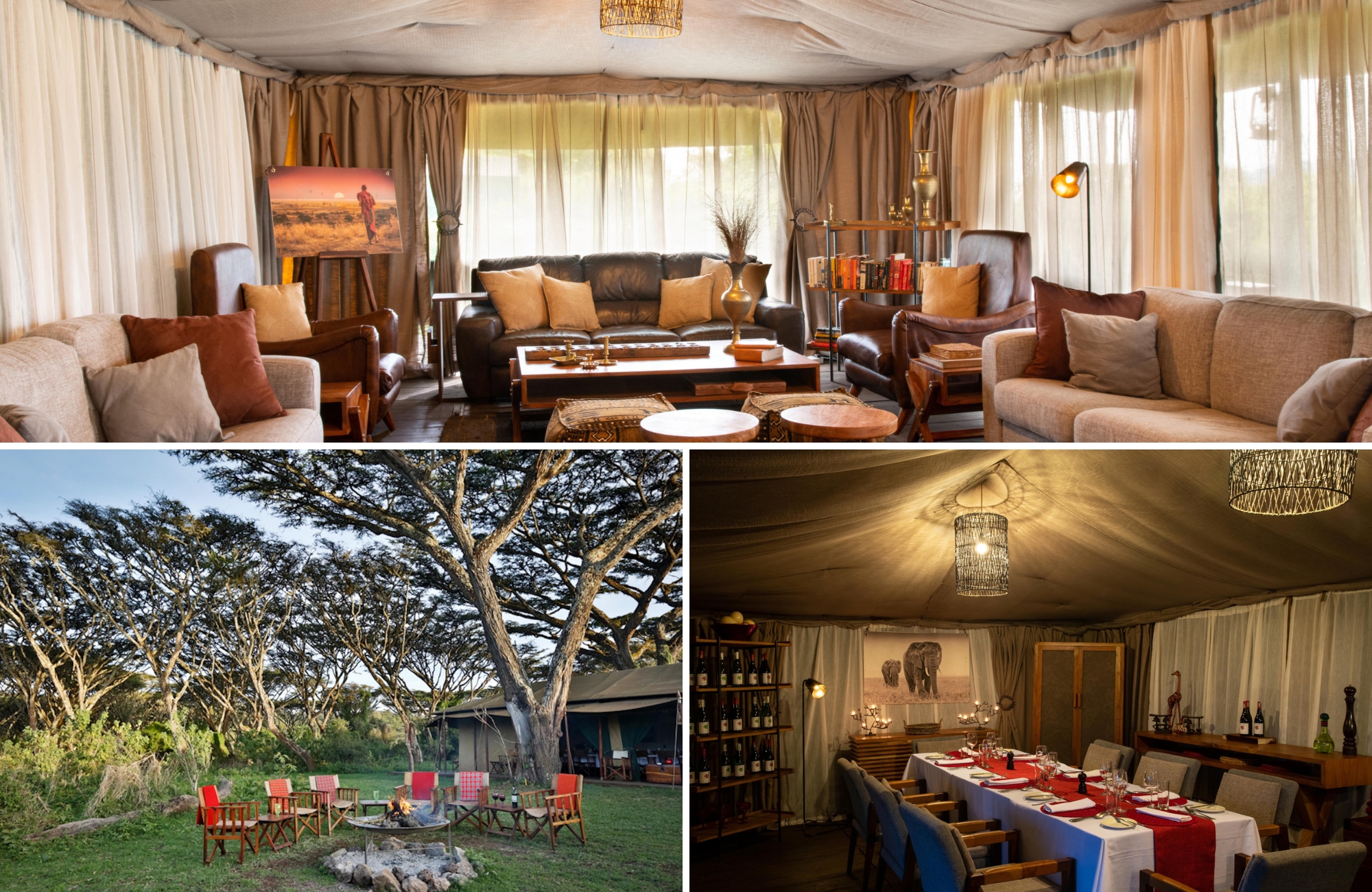 A warmly lit canvas lodge interior and outdoor firepit setting showcase the classic comfort and atmosphere found at luxury safari lodges in Tanzania on the Ngorongoro Crater rim.