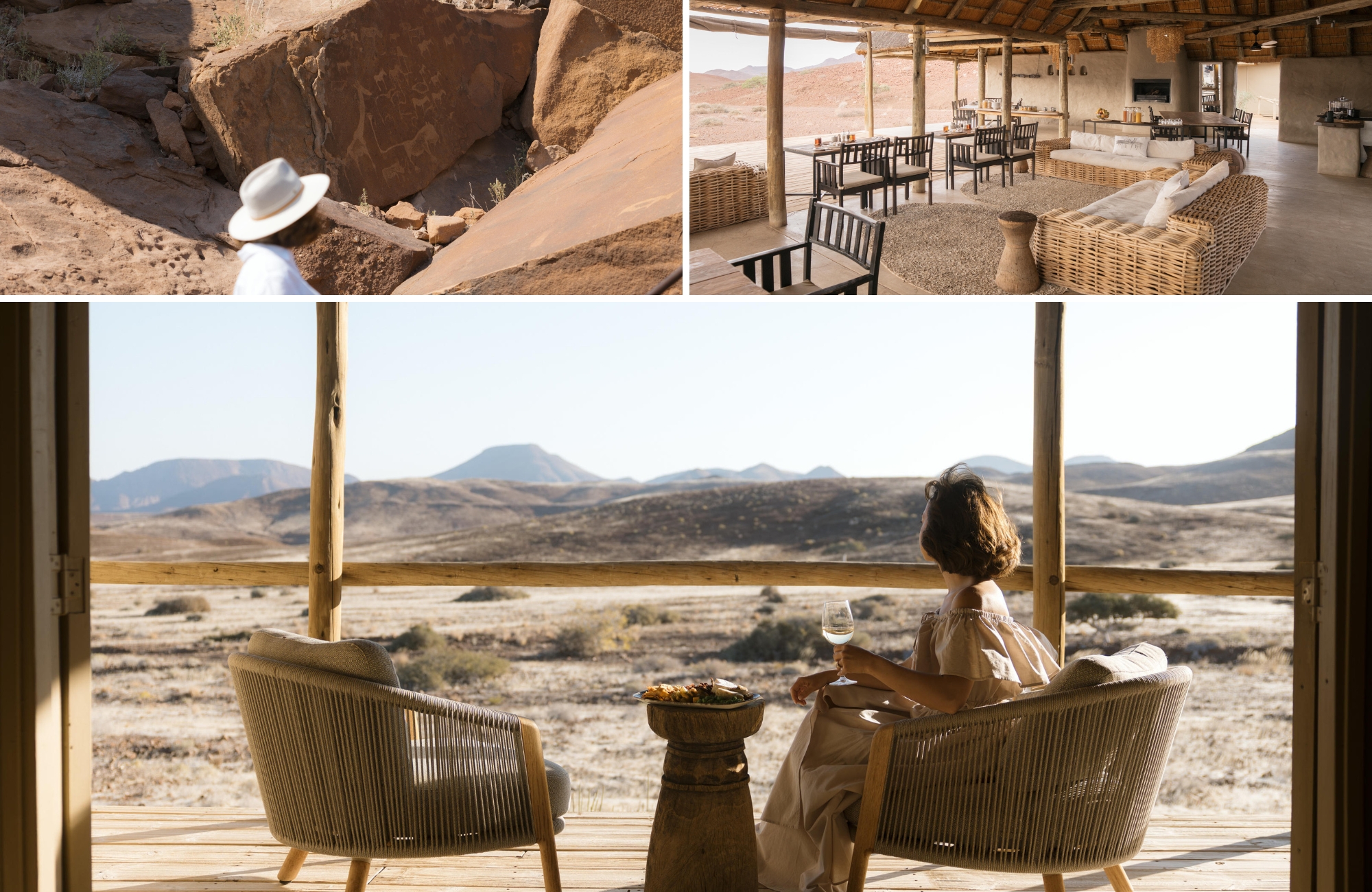 Traveller beside ancient rock engravings, open lodge interior, and a desert-facing veranda in Damaraland, Namibia.