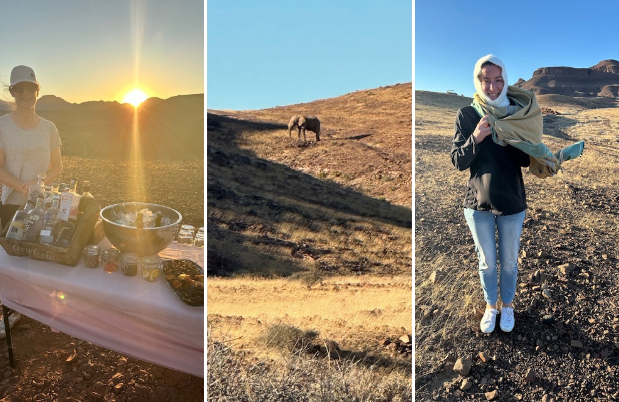 Sunset drinks in Damaraland with a lone elephant on a rocky hillside and a traveller wrapped against the wind.