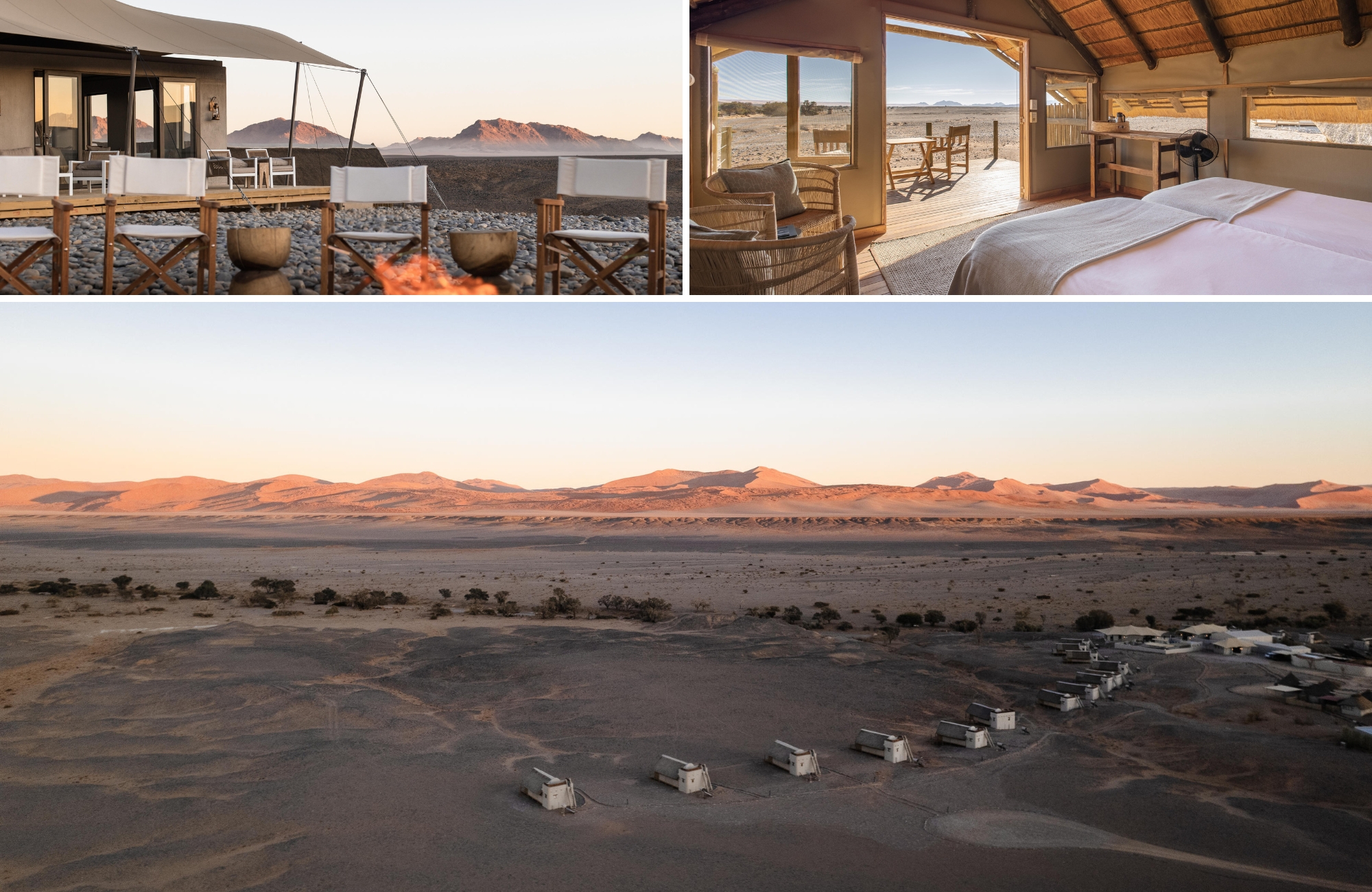 Aerial and interior views of Wilderness Kulala Desert Lodge with red dunes rising beyond the Namib Desert.