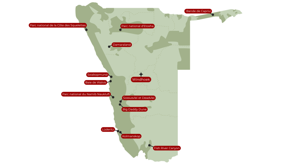 A map of Namibia showing all major destinations and reserves