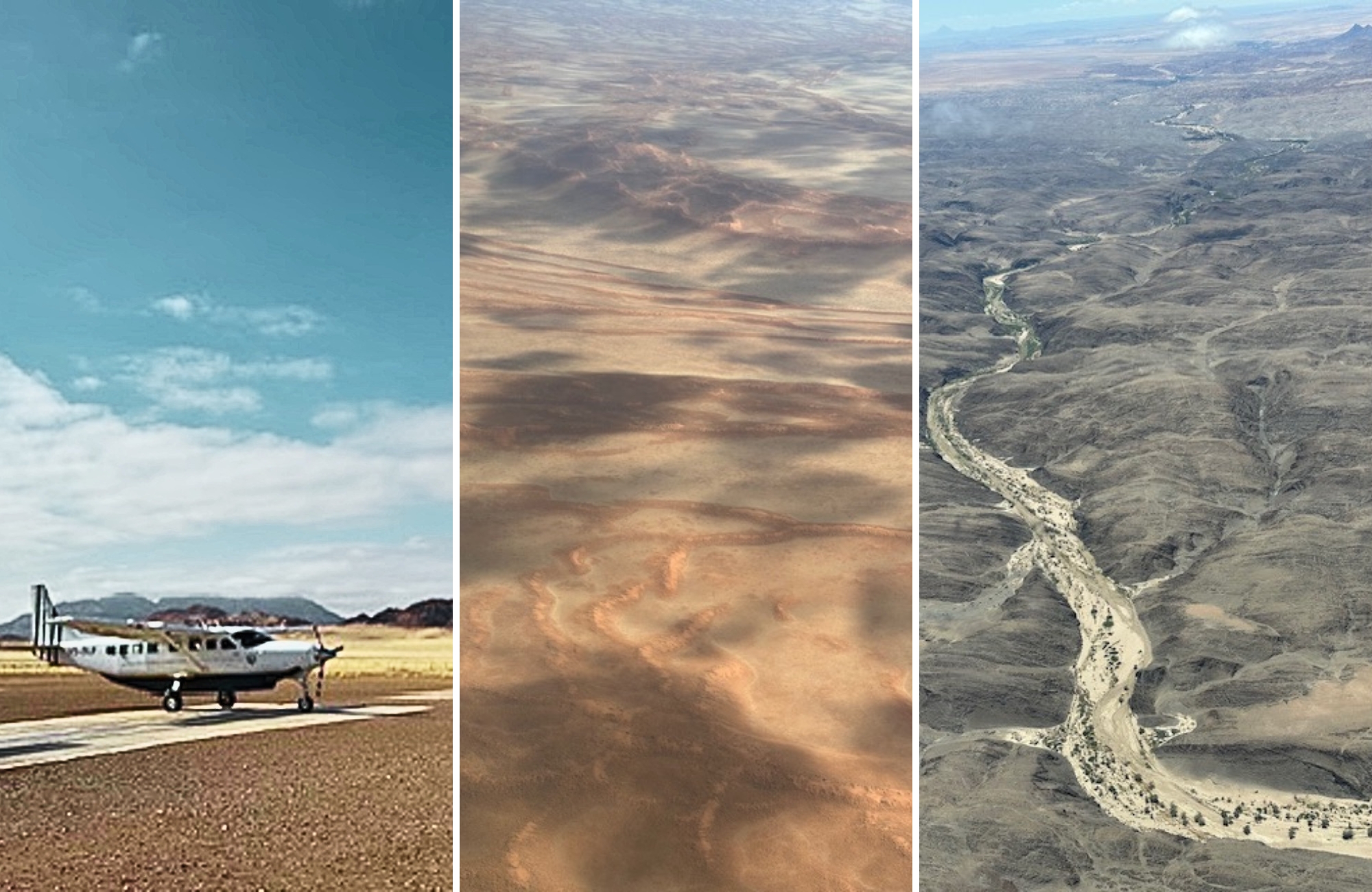 Light aircraft on a remote airstrip and aerial views of winding dry riverbeds and desert patterns in Namibia.