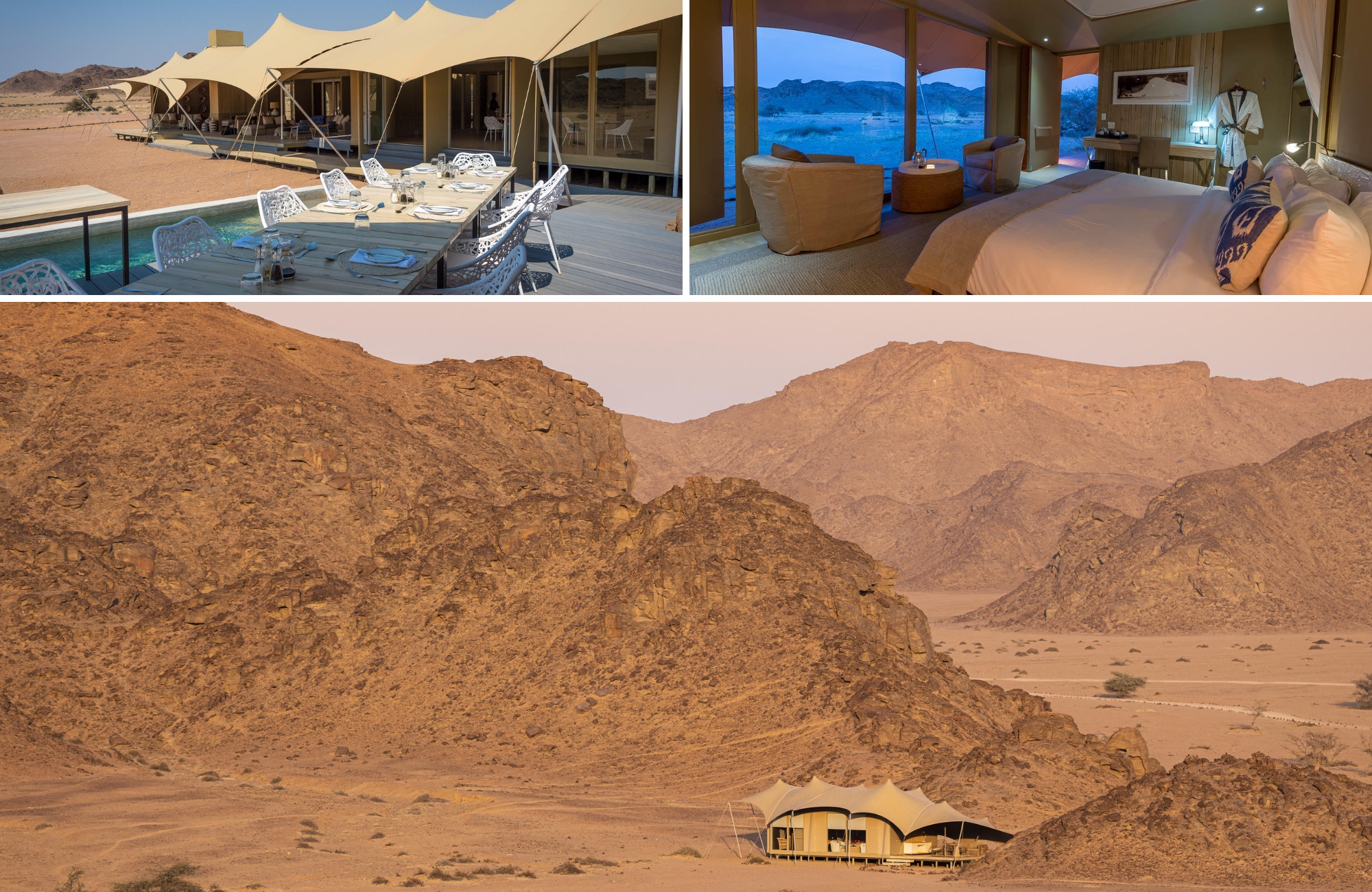 Luxury desert camp suite and rocky mountains surrounding Hoanib Skeleton Coast Camp in remote north-west Namibia.