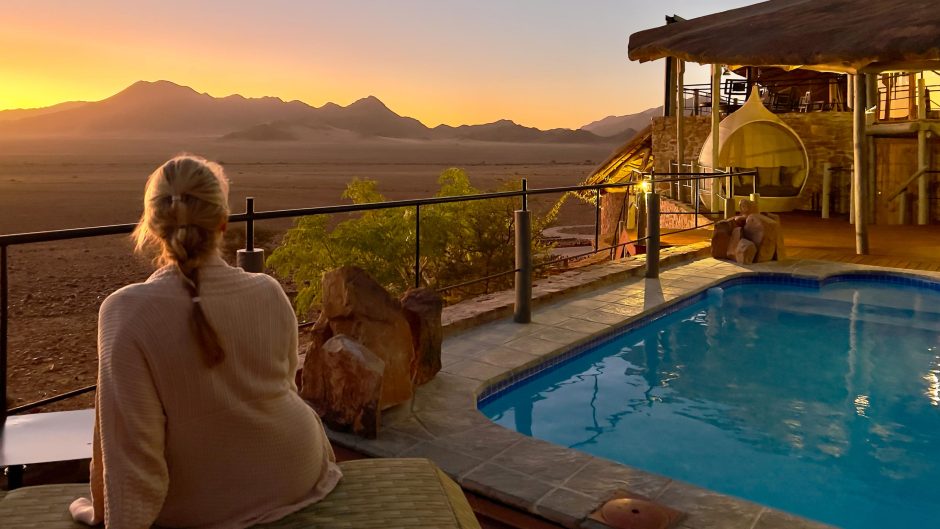 Sunset views from the pool deck at Namib Outpost
