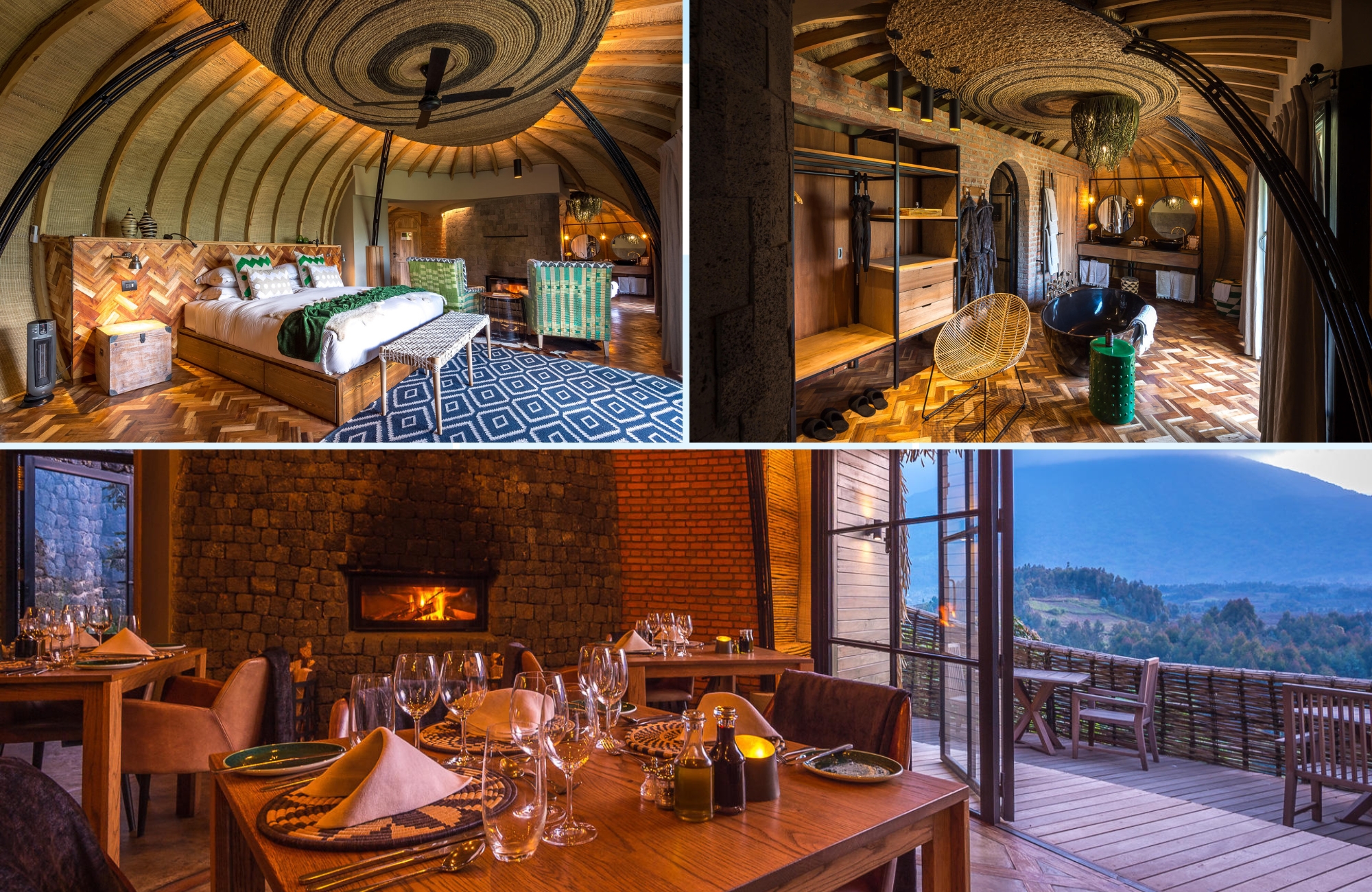 Luxury woven interior suites and elegant dining space at Bisate Lodge near Volcanoes National Park, Rwanda