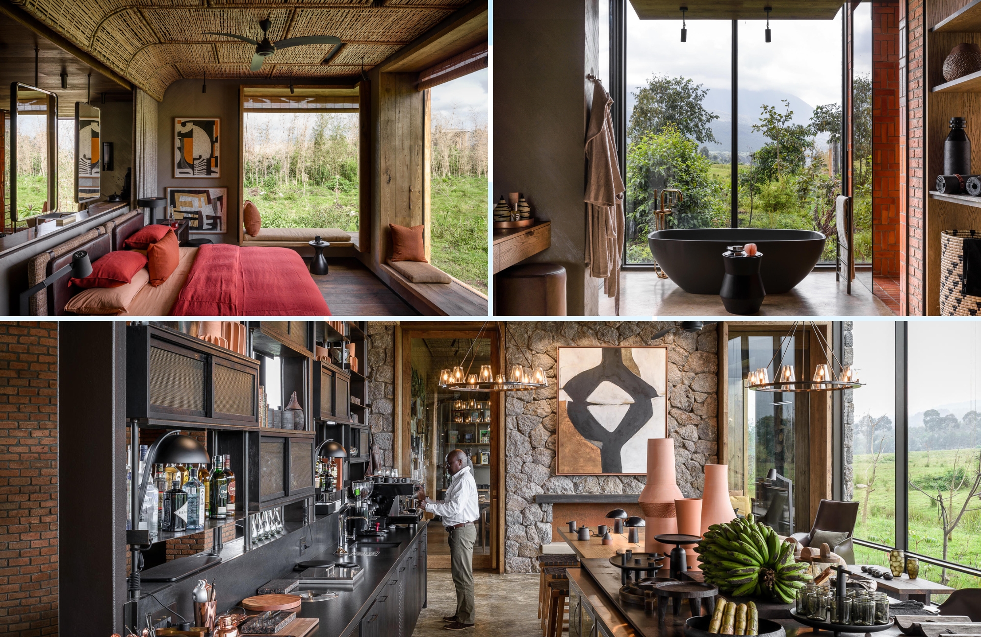 Sophisticated suite interiors and open-plan lounge at Singita Kwitonda Lodge in Rwanda