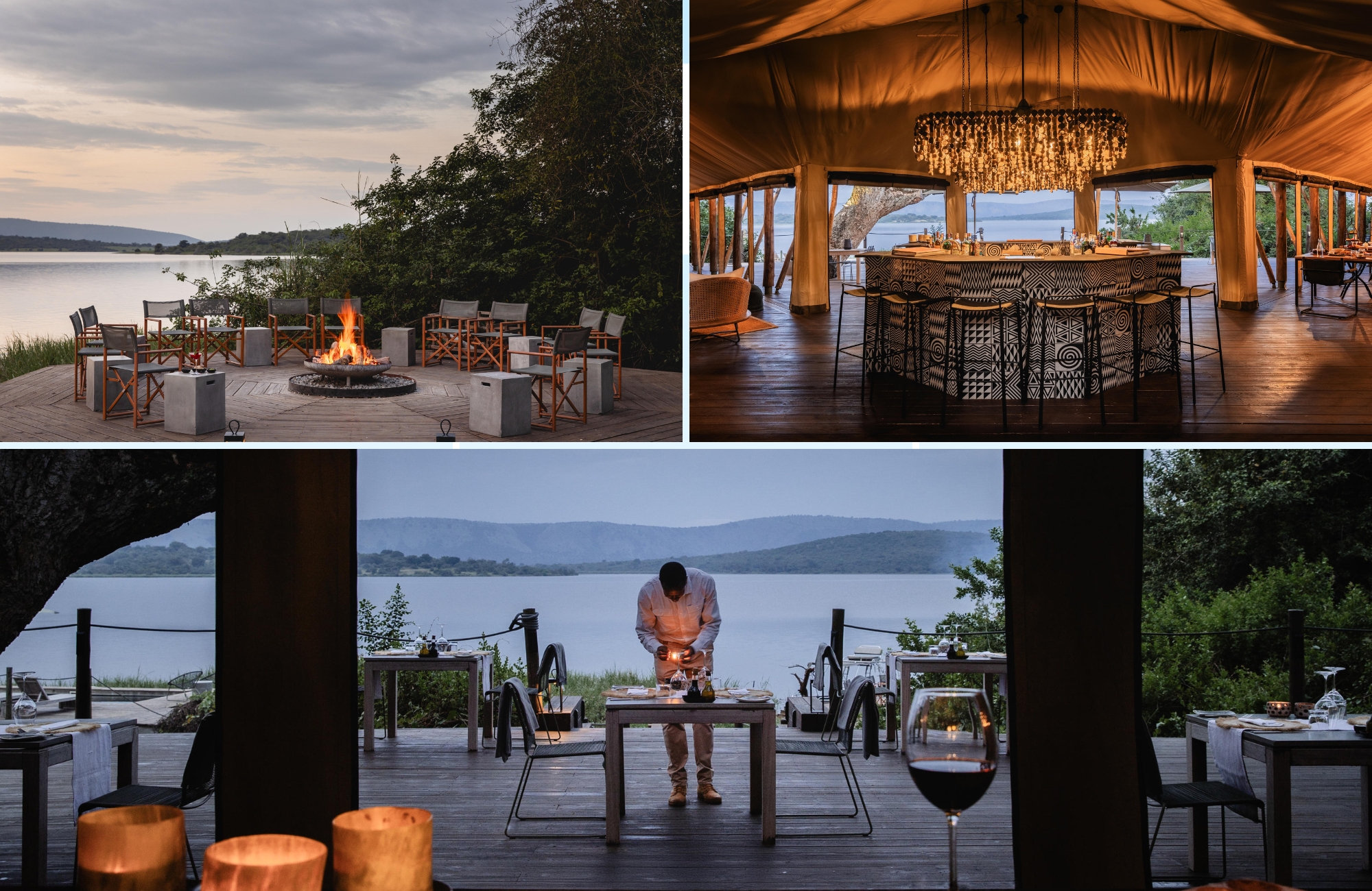 Lakeside firepit, elegant safari bar, and candlelit dining at Magashi Camp in Akagera National Park