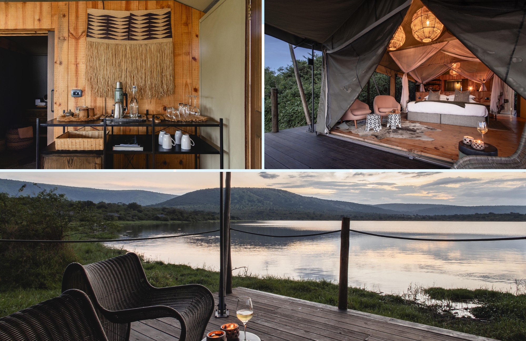 Luxury tented suite and lakeside deck at Magashi Camp in Akagera National Park, Rwanda