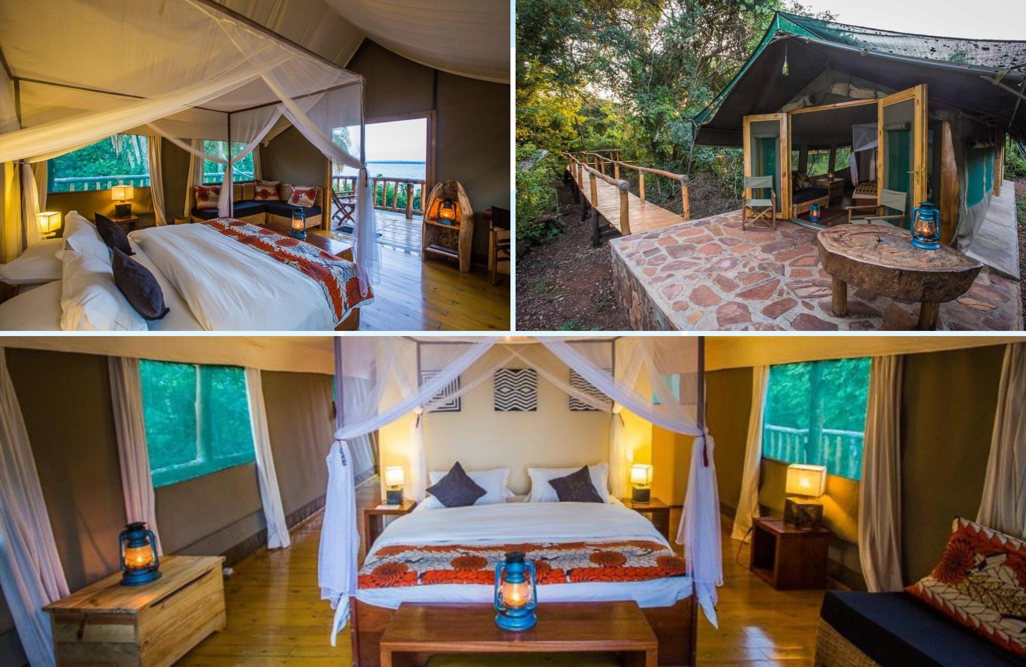 Rustic eco-luxury tents at Ruzizi Tented Lodge overlooking Lake Ihema in Akagera National Park