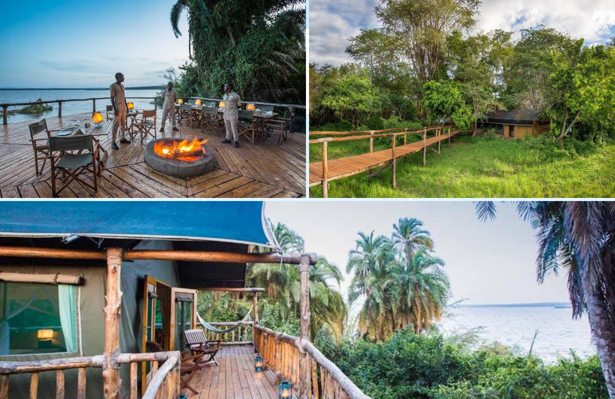 Lakeside decks and forest walkways at Ruzizi Tented Lodge in Rwanda’s Akagera National Park