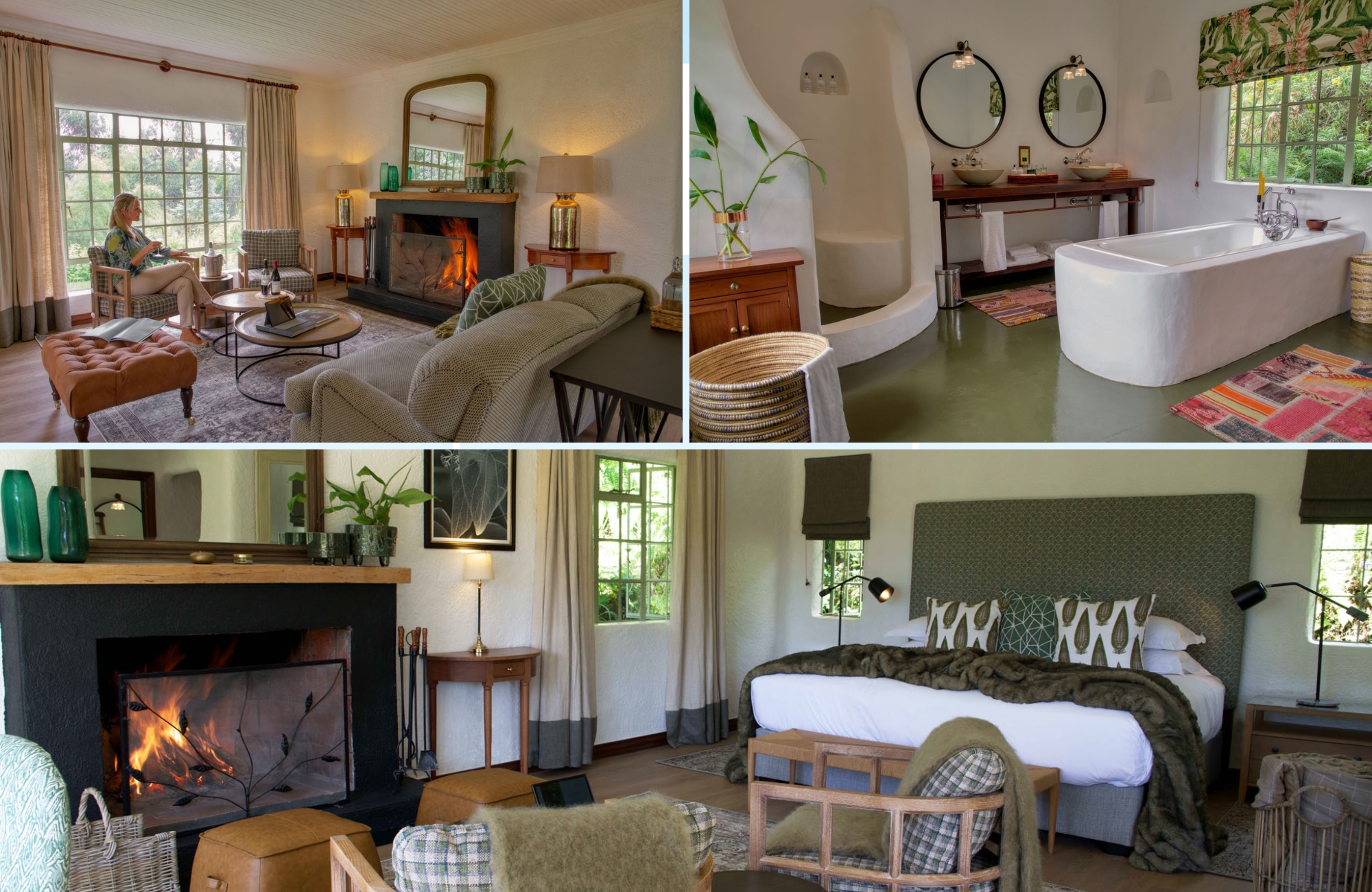 Cosy fireplace suite and luxury bathroom at Sabyinyo Silverback Lodge near Volcanoes National Park