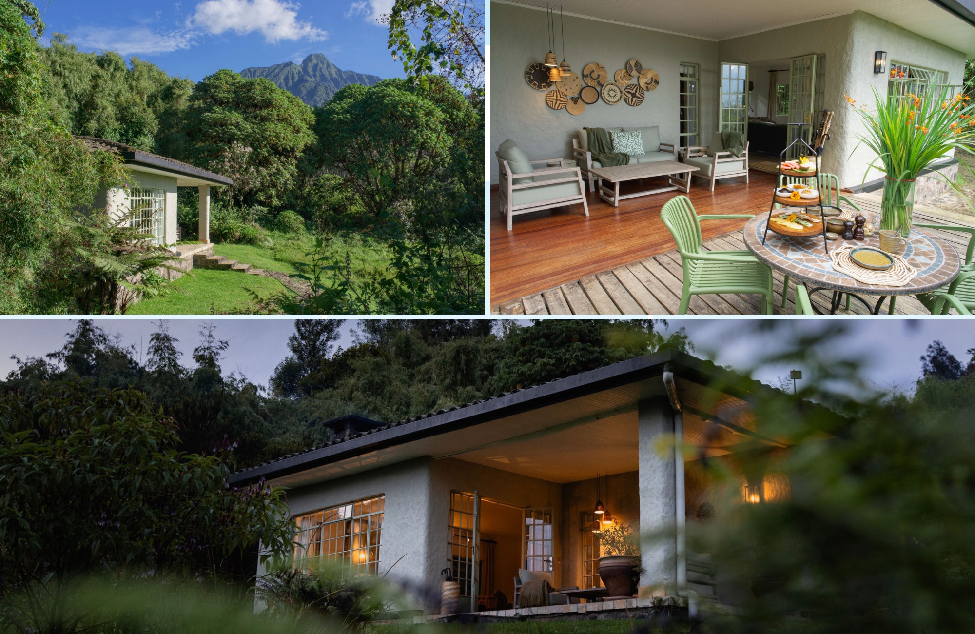 Private cottage and terrace at Sabyinyo Silverback Lodge with volcano views in Rwanda