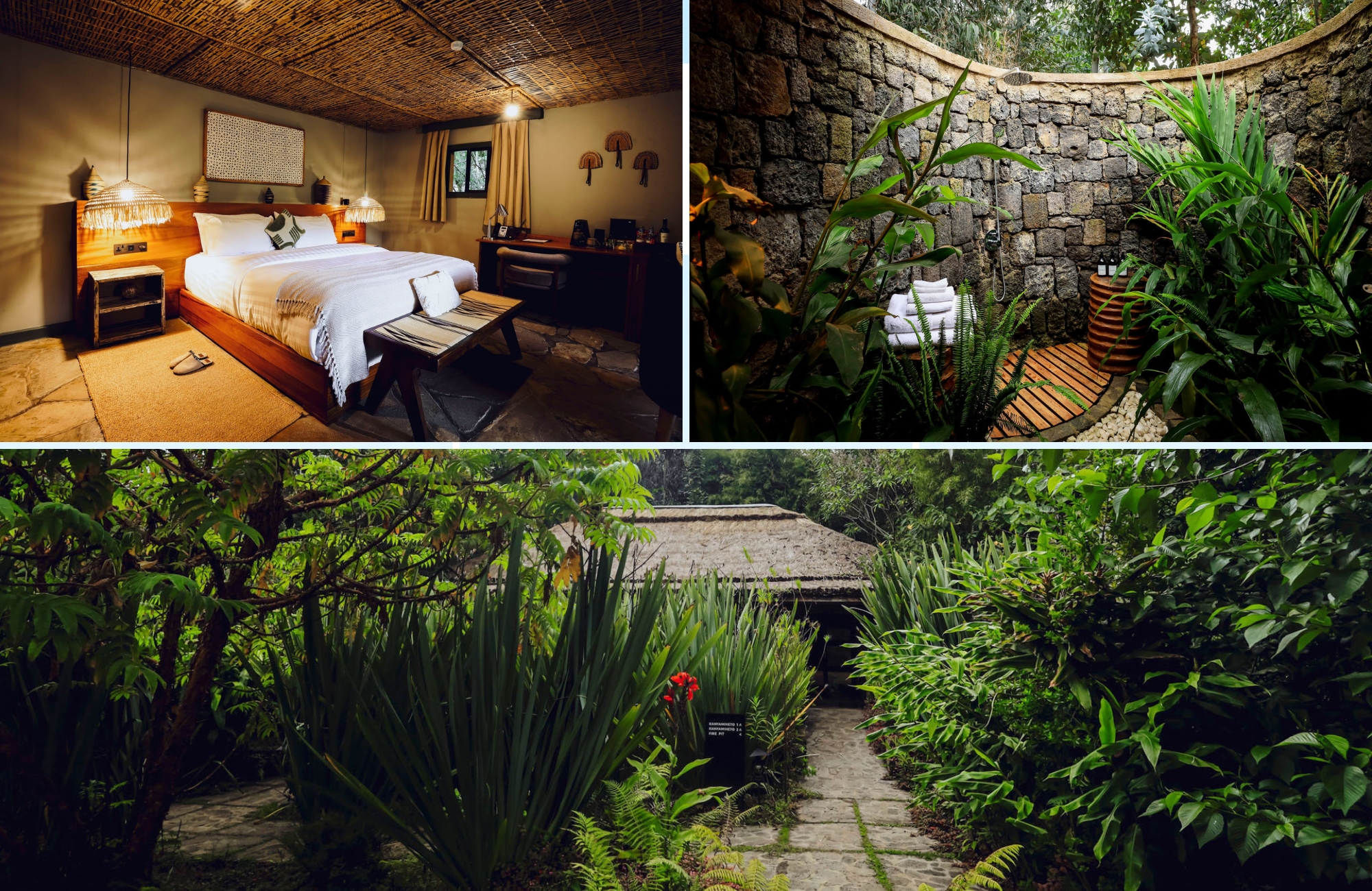 Contemporary suite and outdoor shower at Sambora Kinigi Lodge near Volcanoes National Park