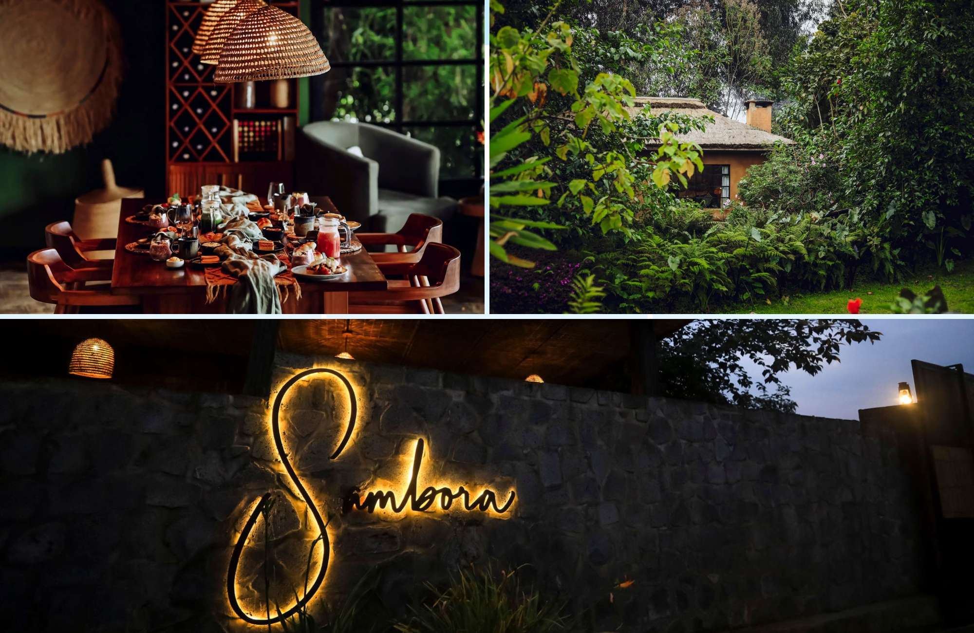 Dining space and lush tropical gardens at Sambora Kinigi Lodge in Rwanda