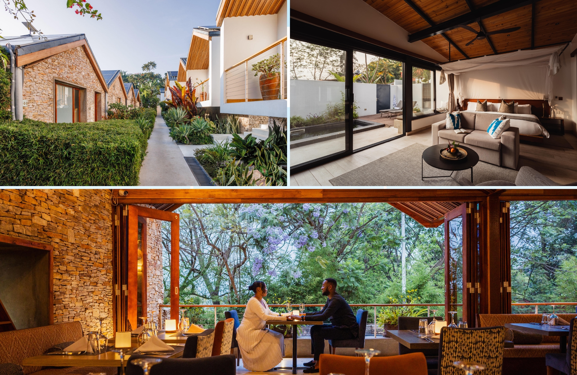 Modern luxury suites and open-air dining area at The Retreat by Heaven in Kigali