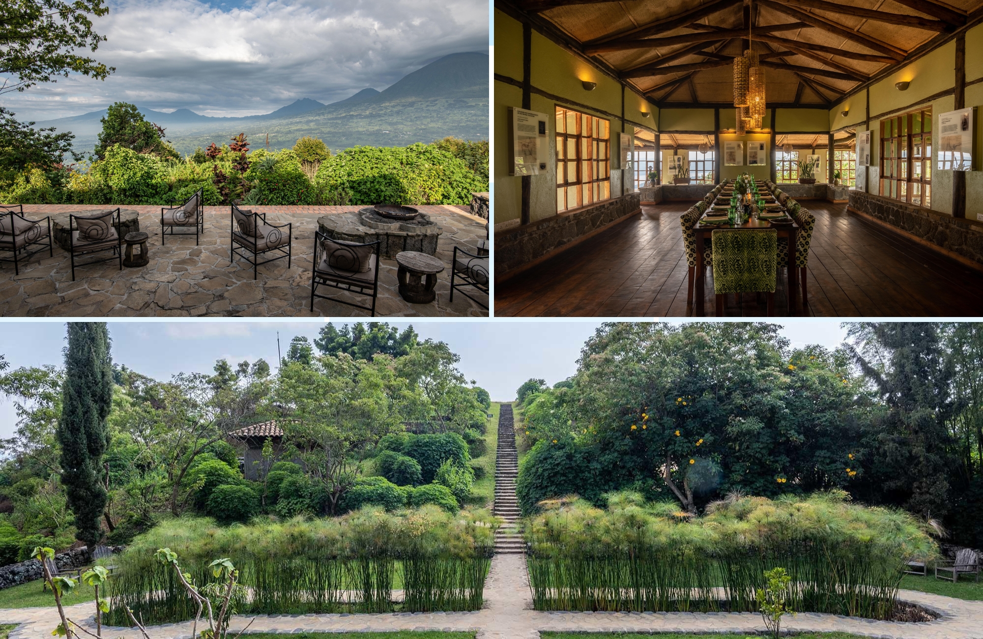 Panoramic volcano views and rustic dining lodge at Virunga Lodge in Rwanda