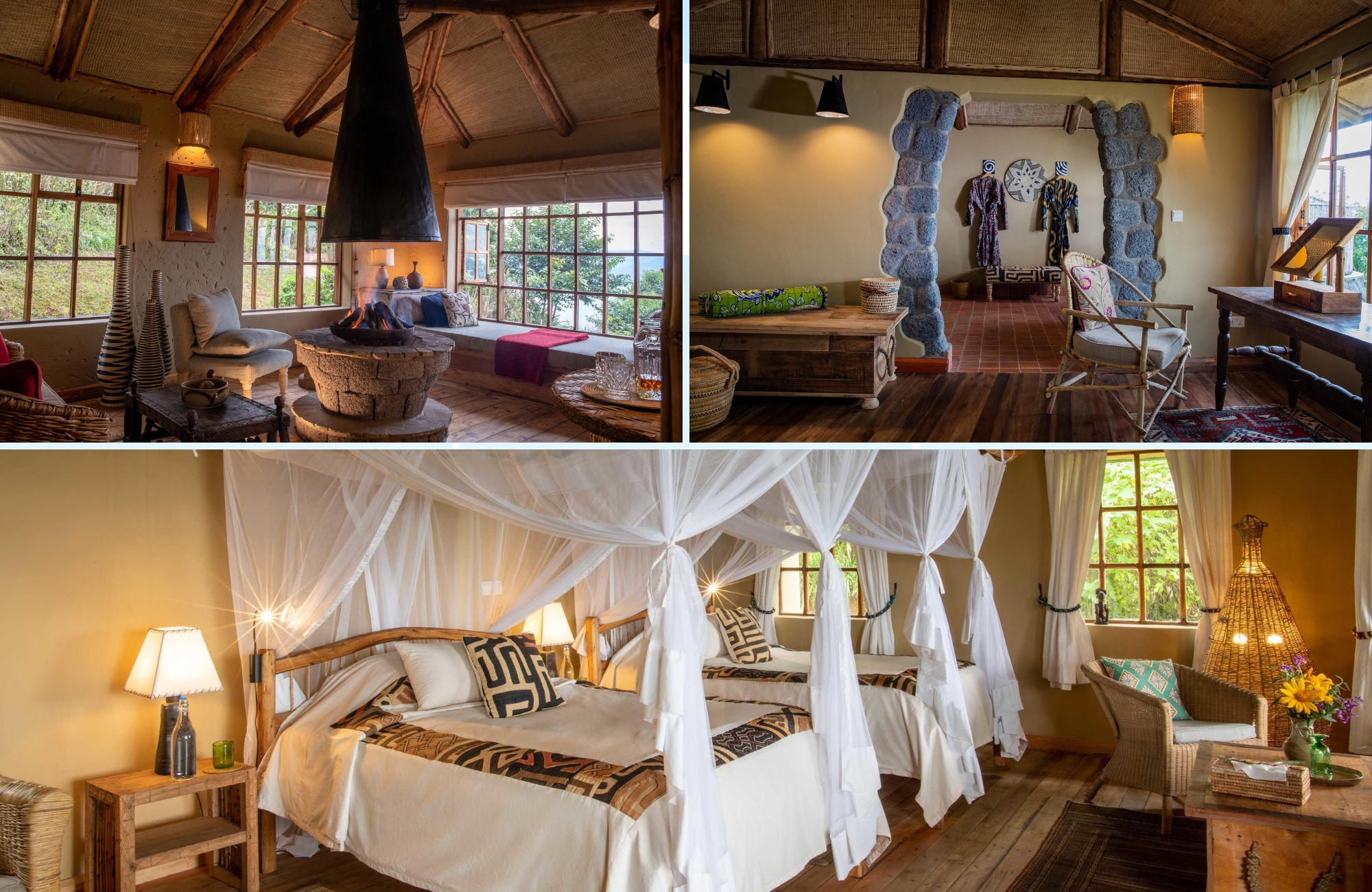 Cosy fireplace lounge and elegant cottage bedroom at Virunga Lodge near Volcanoes National Park
